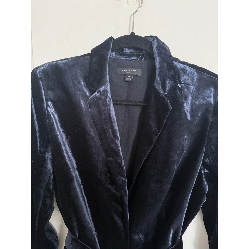 Ann Taylor Velvet Belted Blazer Jacket Coat Wrap Womens 14 Petite Dark Blue Navy